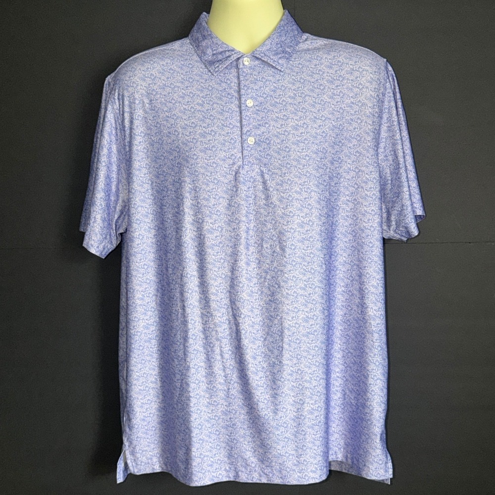Hickey Freeman Mens Large Golf Print Performance Polo Shirt Blue White Travel L